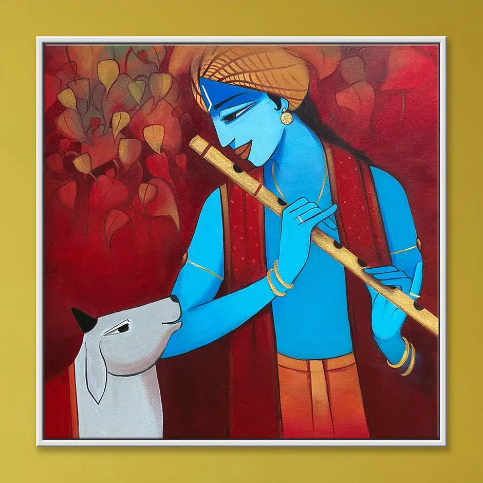 Flute Among the Leaves | Krishna with Cow Painting by Sajaao
