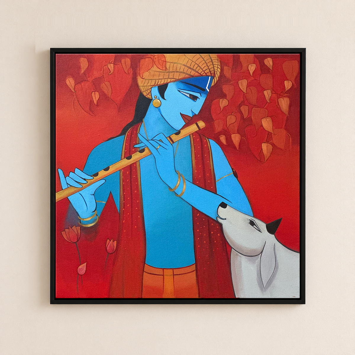 Flute Among the Leaves | Krishna with Cow Painting by Sajaao