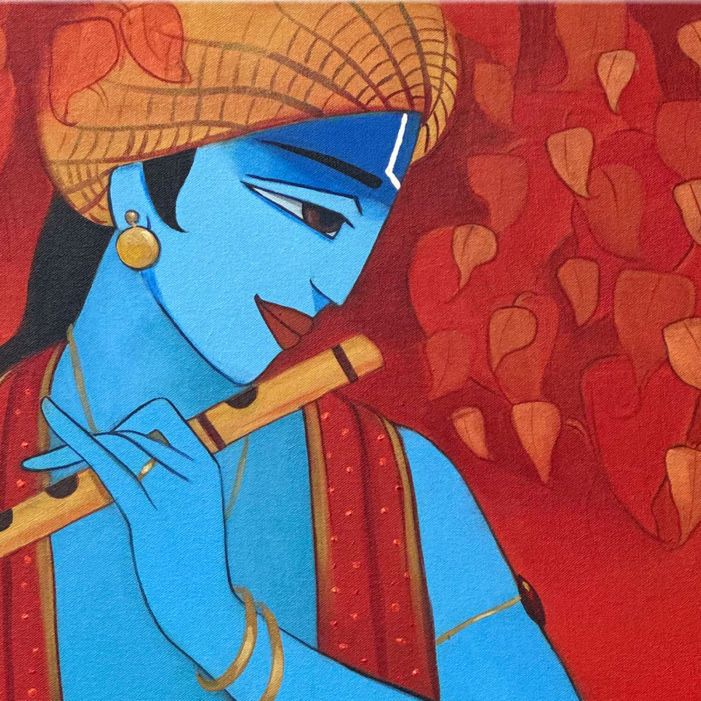 Flute Among the Leaves | Krishna with Cow Painting by Sajaao