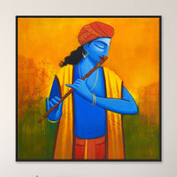 Krishna's Quiet Tune | Krishna with Peacock Painting by Sajaao - Image 1