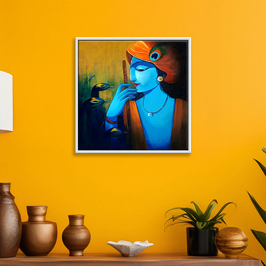 Krishna Flute and Feather | Traditional Acrylic Art Of Krishna | Vibrant Handmade Painting
