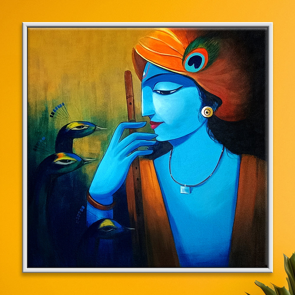 Krishna Flute and Feather | Traditional Acrylic Art Of Krishna | Vibrant Handmade Painting