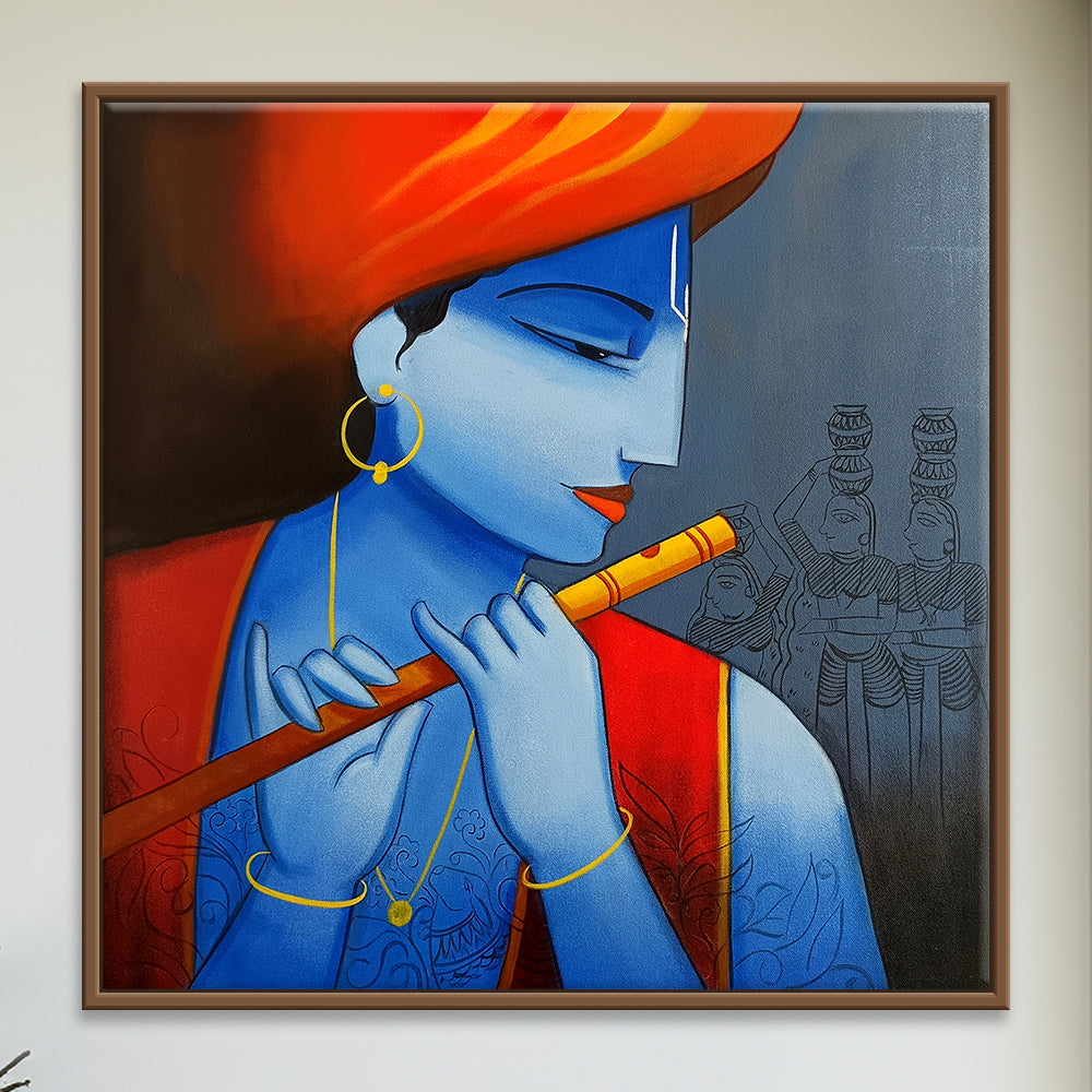 Serene Lord Krishna Playing Flute | Indian Traditional Art Handmade Painting