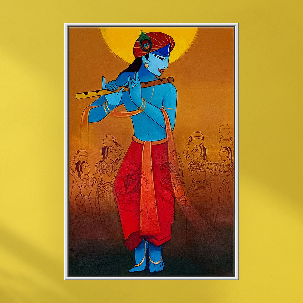 Krishna Flute Radiant Painting | Divine Krishna With Flute | Traditional, Religious Handmade Painting