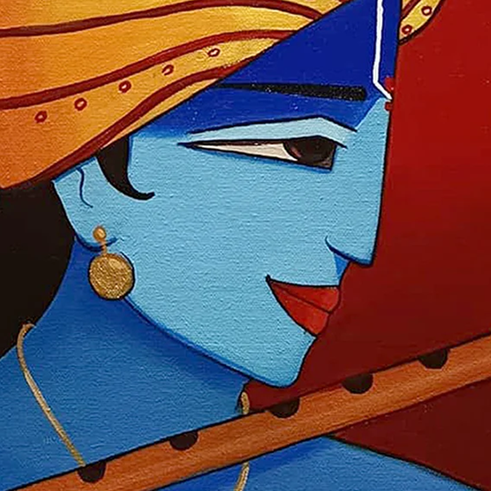 Krishna's Flute Reverie | Face with Flute Painting by Sajaao