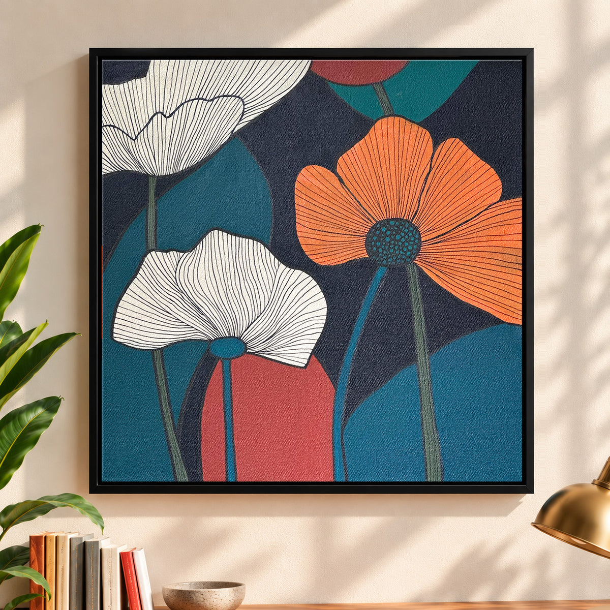Painting of flower blooms arranged in radiating pinwheel-like shapes in a bold floral pattern, 18" x 18" original painting