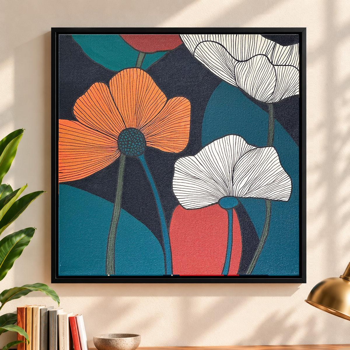 Painting of flower blooms in a pattern using warm sunset tones of orange, pink and gold, 18" x 18" original painting