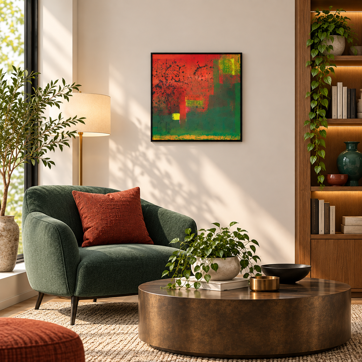 Vivid Geometry | Green Red Orange Abstract Painting, 18x18 Paintings by Sajaao