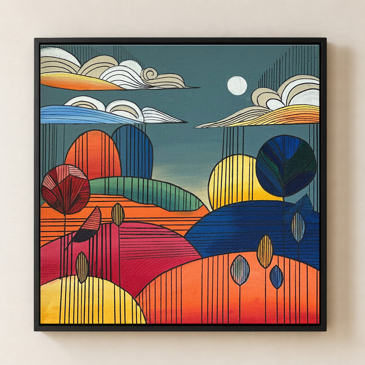 Painting of layered terrain in bold modern graphical colour bands, 18" x 18" original painting, finely detailed