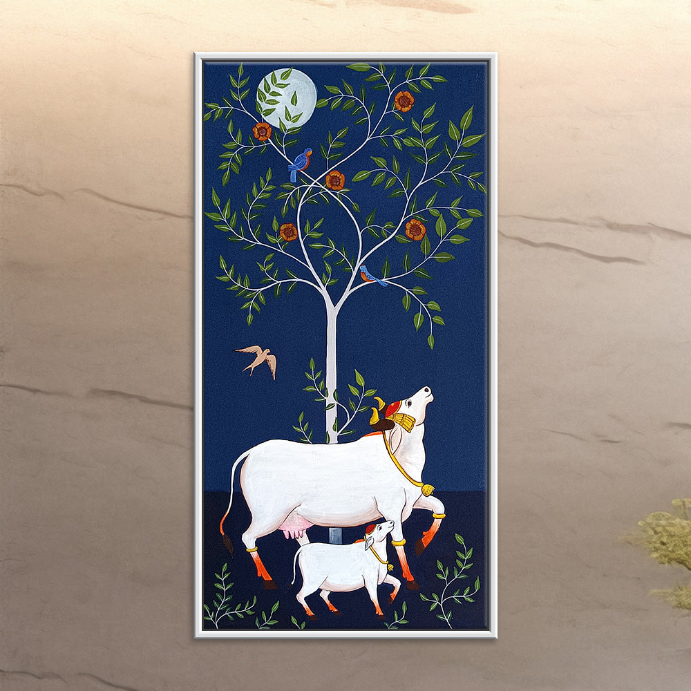Cow Tree Pichwai Painting | Handmade Cow Pichwai Painting | Devotional Wall Art