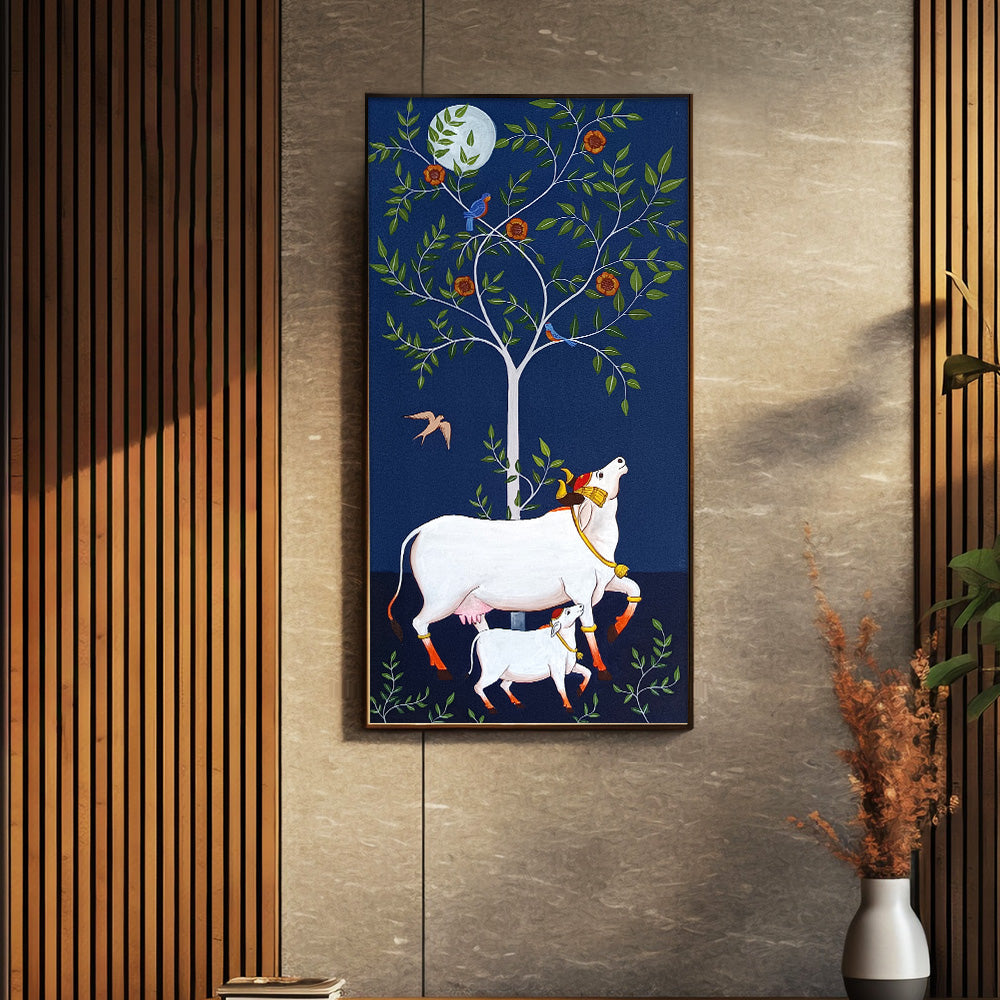 Cow Tree Pichwai Painting | Handmade Cow Pichwai Painting | Devotional Wall Art