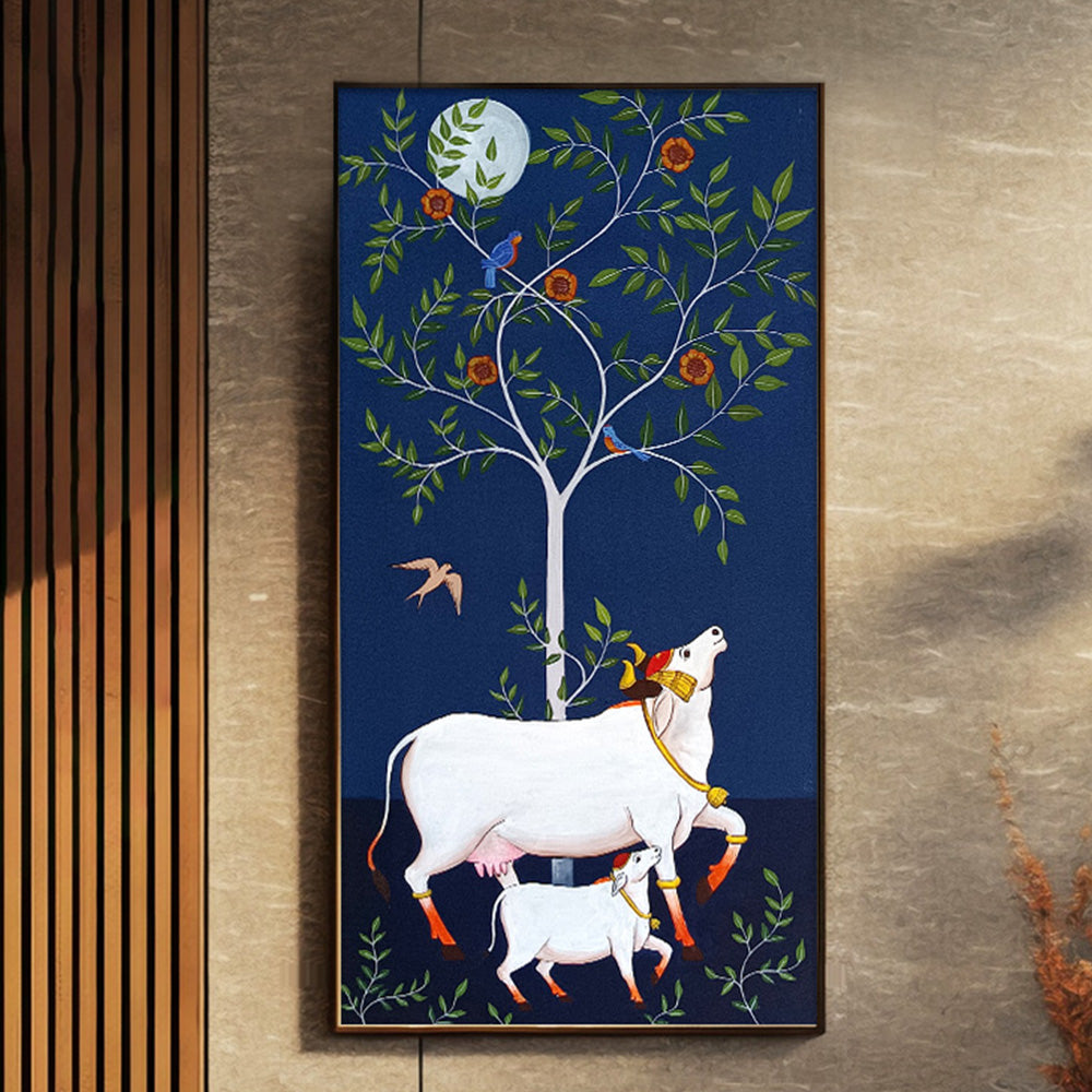 Cow Tree Pichwai Painting | Handmade Cow Pichwai Painting | Devotional Wall Art