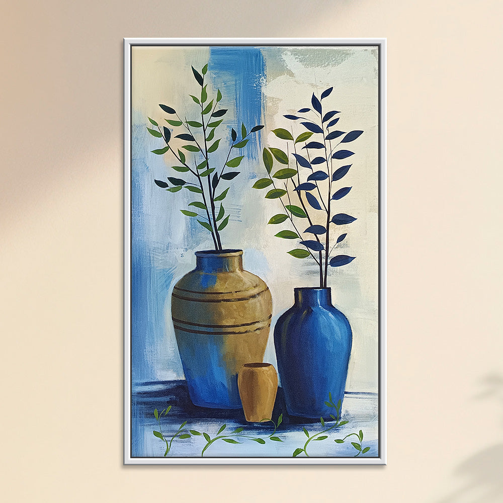 Blooming Pot Paintings 1 | Vibrant, Modern Flower Pot And Leaves Paintings on Canvas