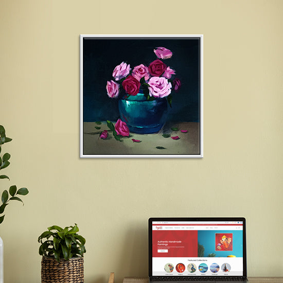 Blue Flower Pot Art | Blooming Pot | Luxury Handmade Flower Pot Paintings