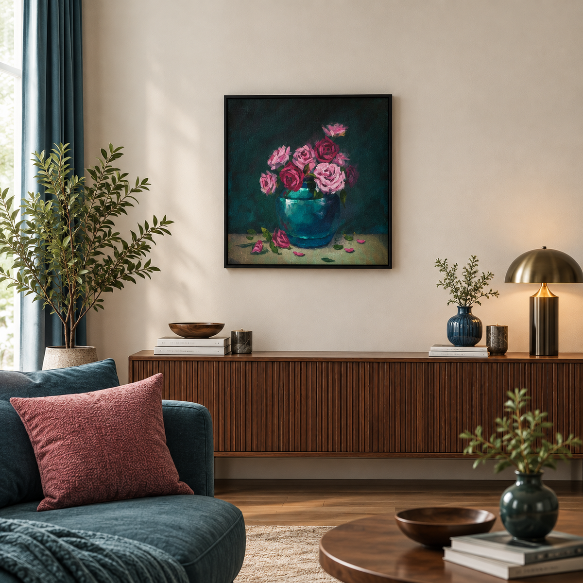 Blush Bouquet | Roses in Teal Still-Life Painting, Vase Still Life, Painting by Sajaao