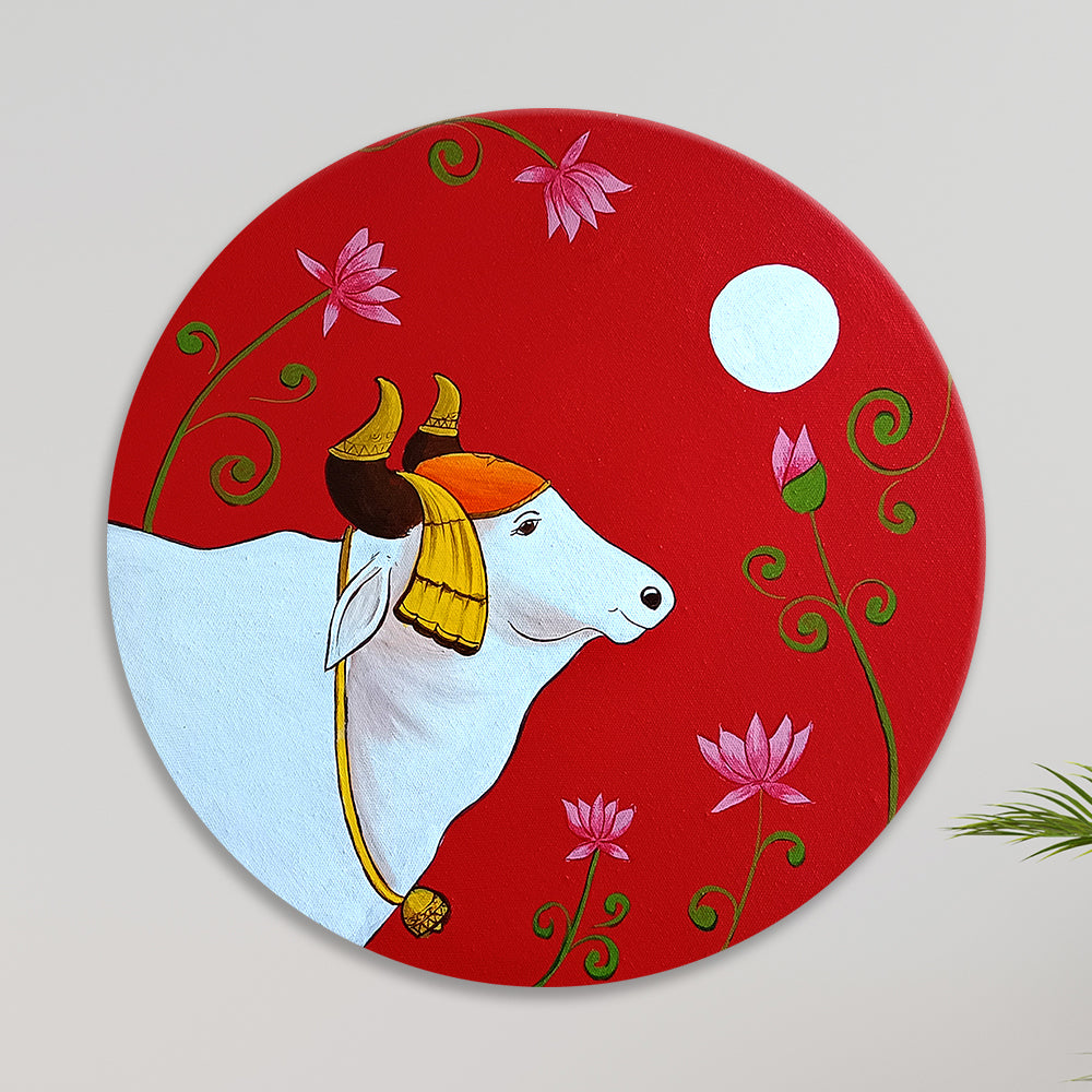 Moon & Cow Harmony | Traditional Indian Art Pichwai Paintings