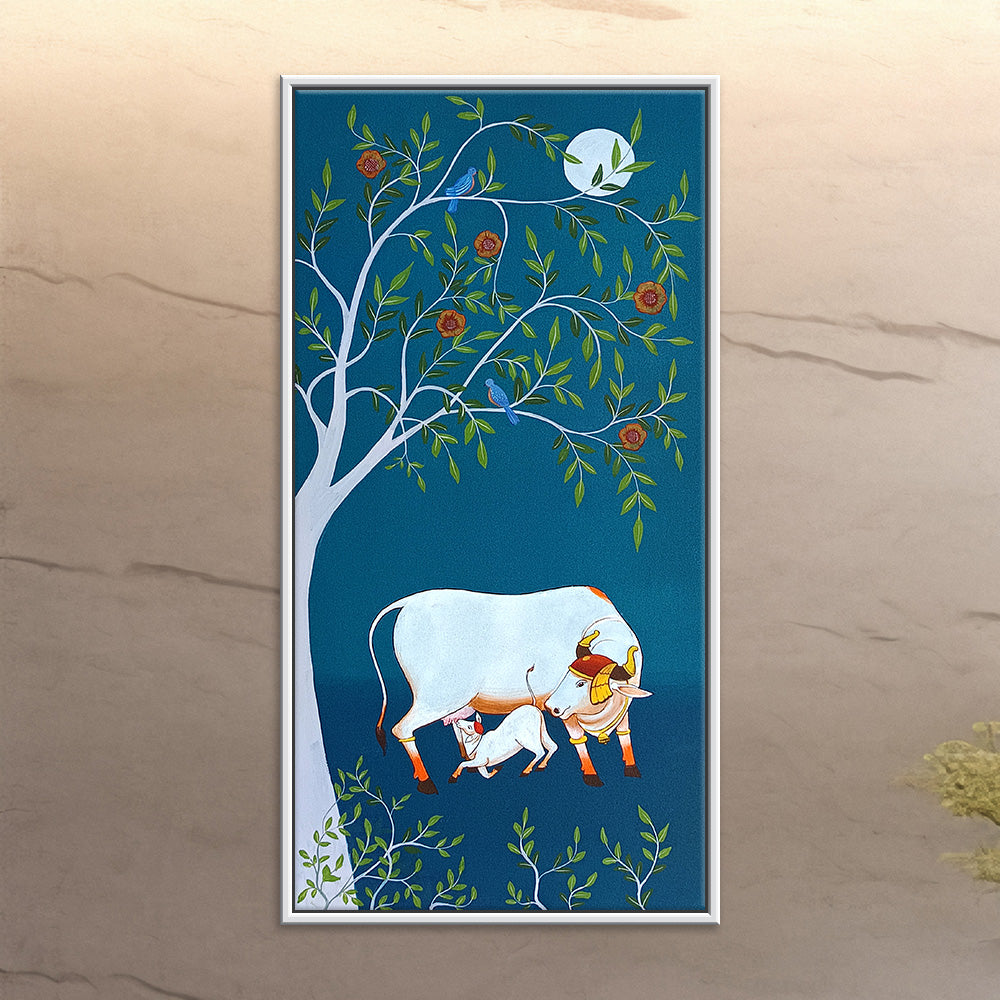 Pichwai Art of Cows | Sacred Cow Pichwai in Floral and Tree Intricate Traditional Indian Art Paintings