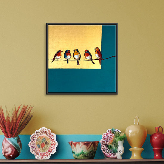 Birds Togerther | Vibrant Birds On A Wire | Realism, Nature Canvas Art Print