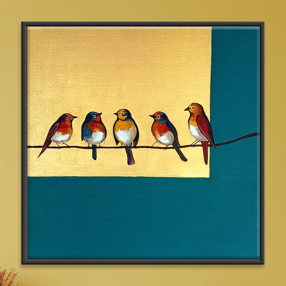 Birds Togerther | Vibrant Birds On A Wire | Realism, Nature Canvas Art Print