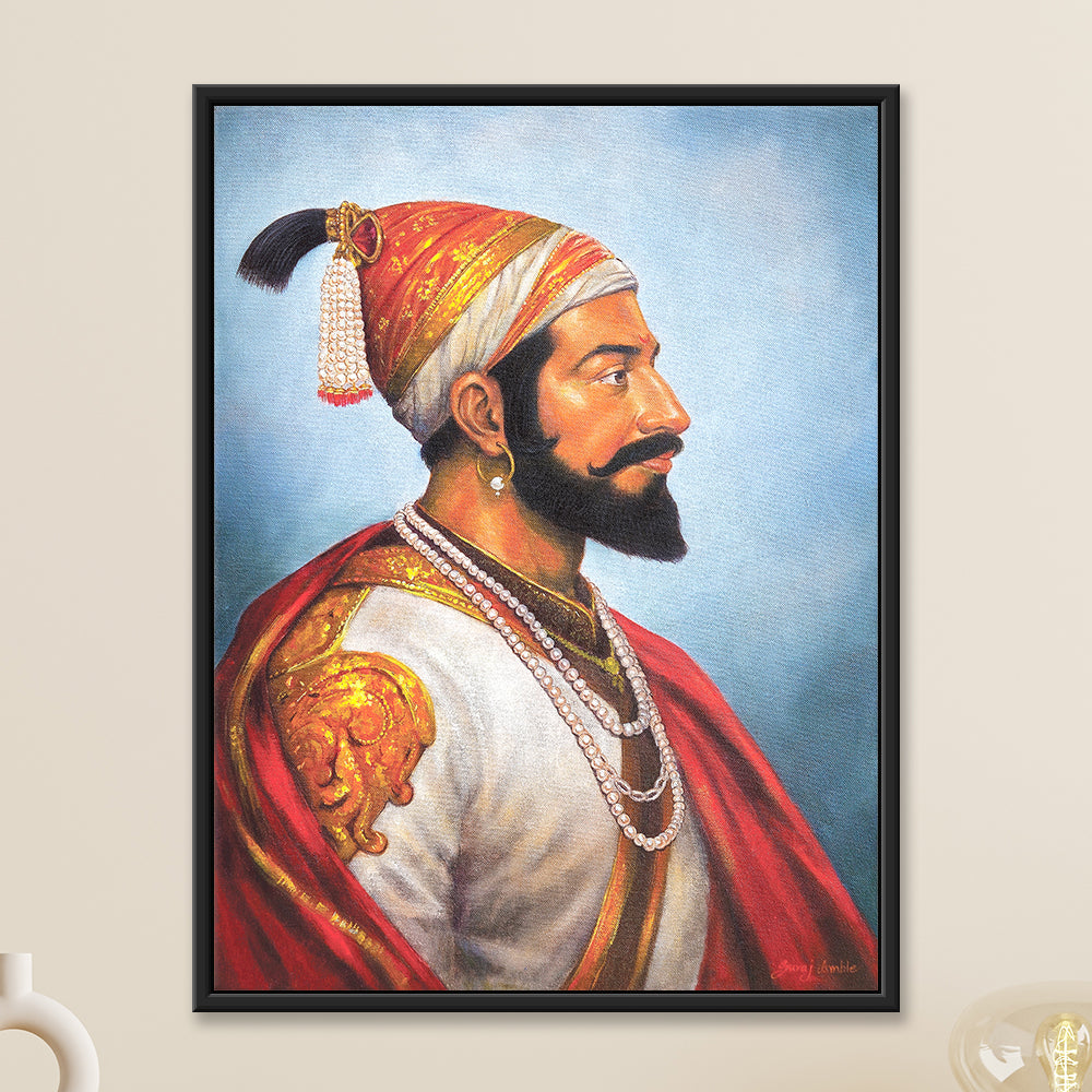 Painting of Shivaji Maharaj depicted in royal Maratha attire in a historical figurative study, 18" x 24" original painting
