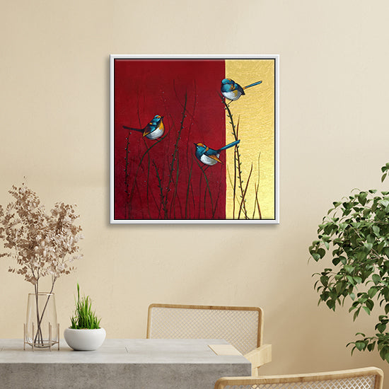 Birds Branch Harmony | Vibrant Birds In Splashes Of Color | Abstract Canvas Art Print