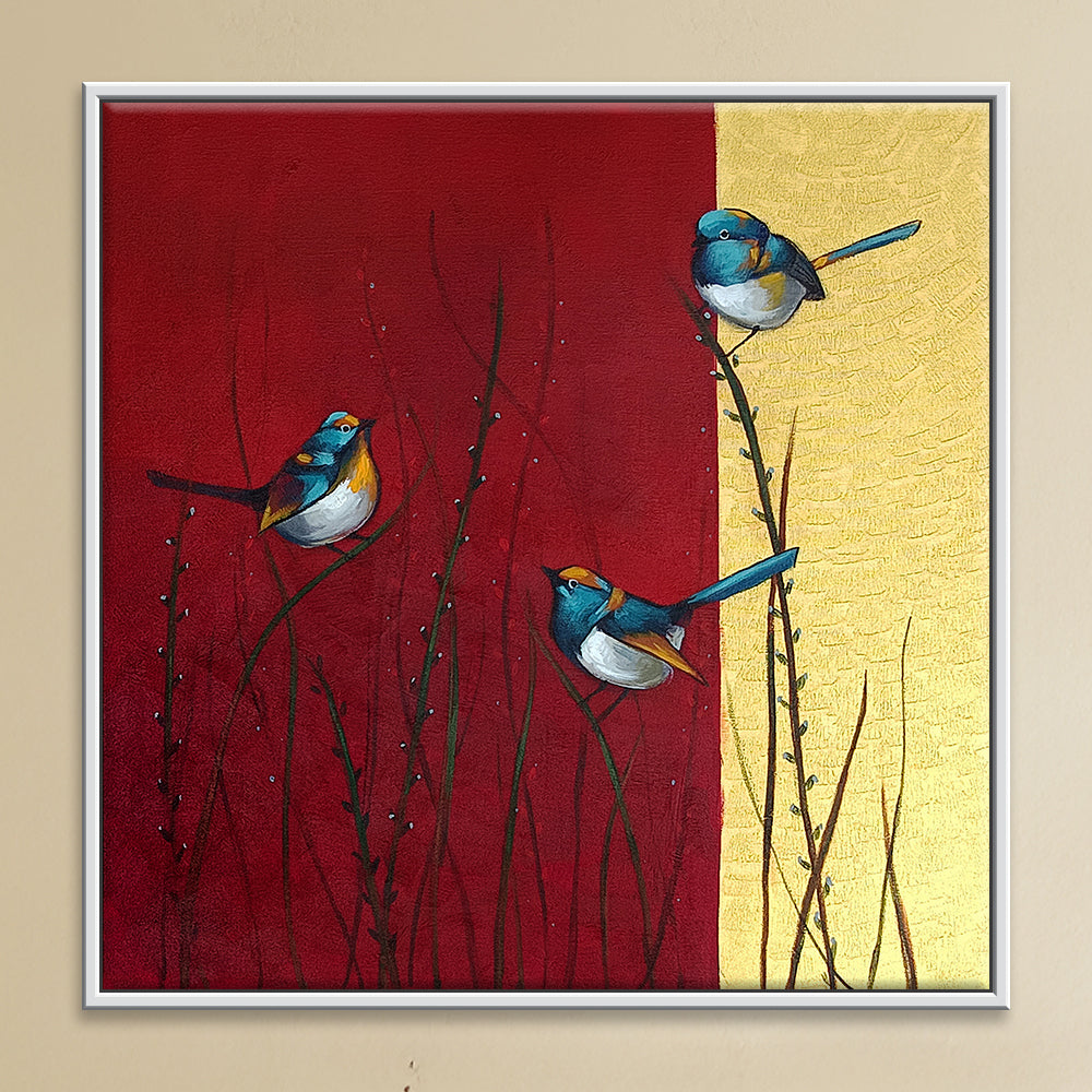 Birds Branch Harmony | Vibrant Birds In Splashes Of Color | Abstract Canvas Art Print