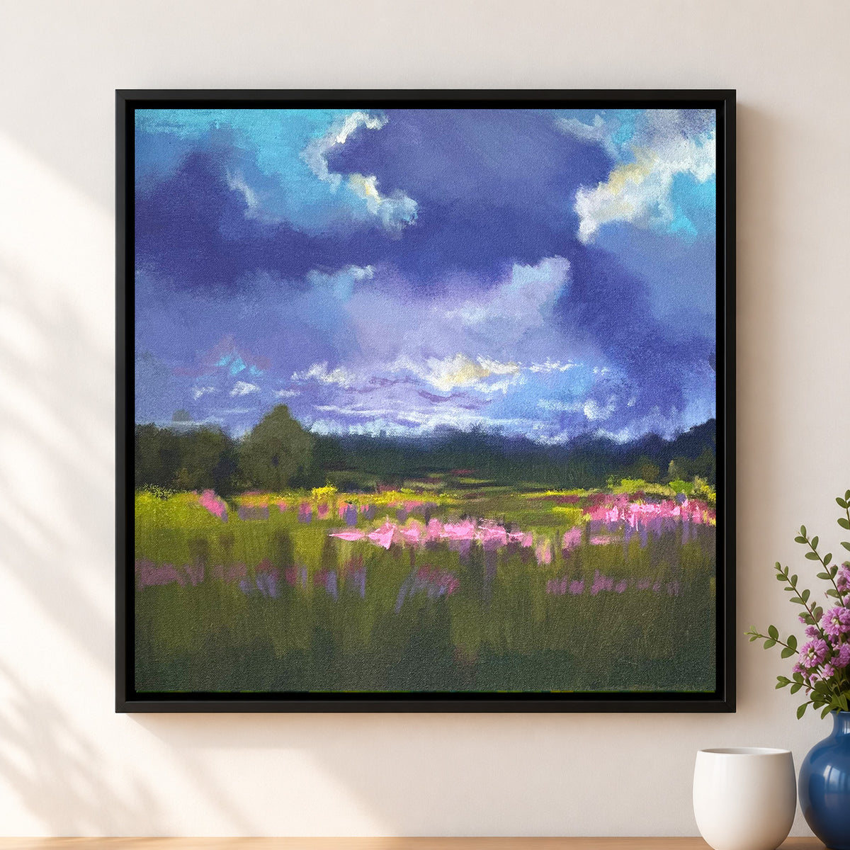 Painting of a stormy sky breaking over highland terrain with dark violet-grey clouds parting to reveal light