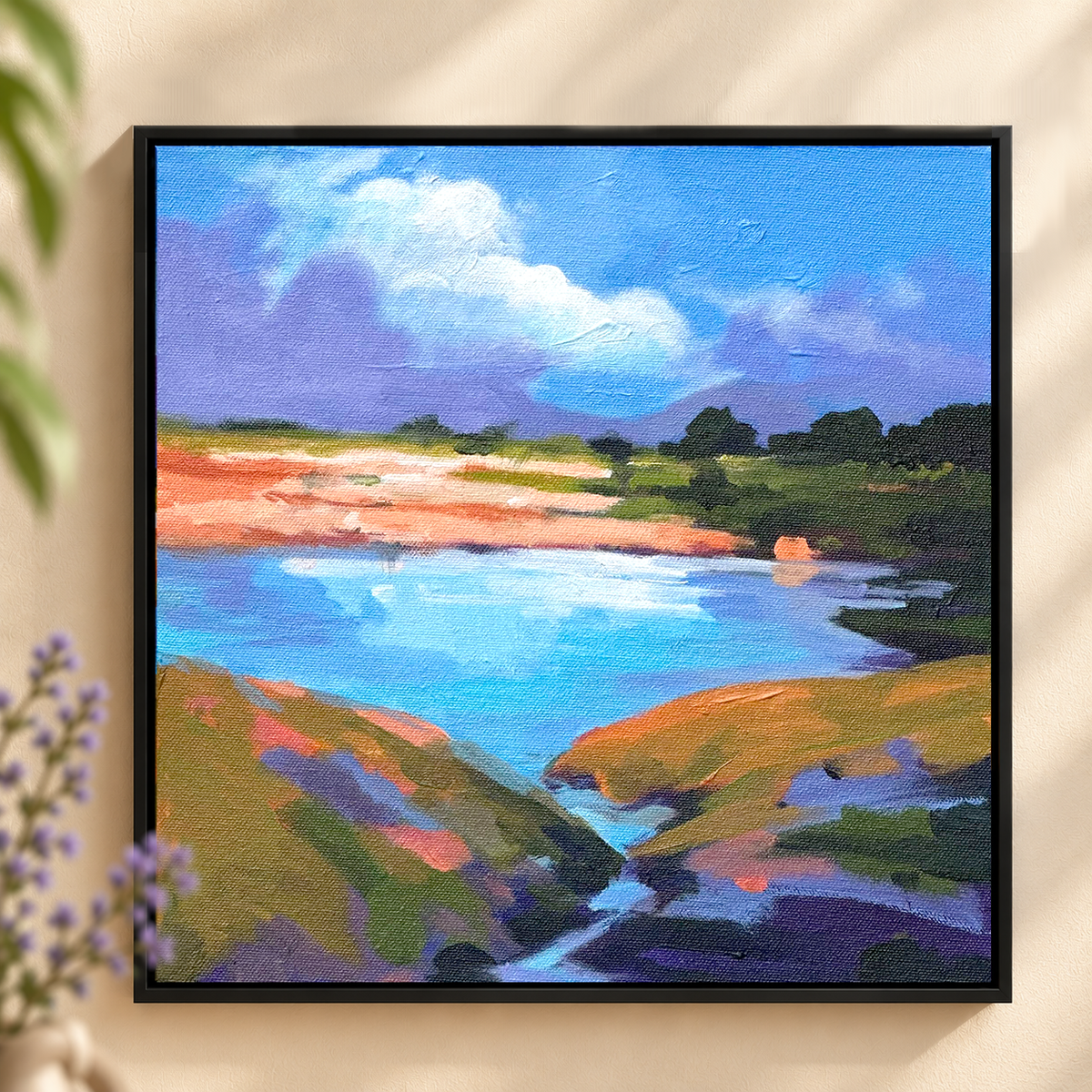 Riverbend in Bloom | Landscape Painting, River Landscape Painting by Sajaao