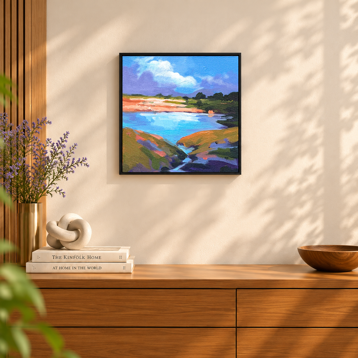 Riverbend in Bloom | Landscape Painting, River Landscape Painting by Sajaao
