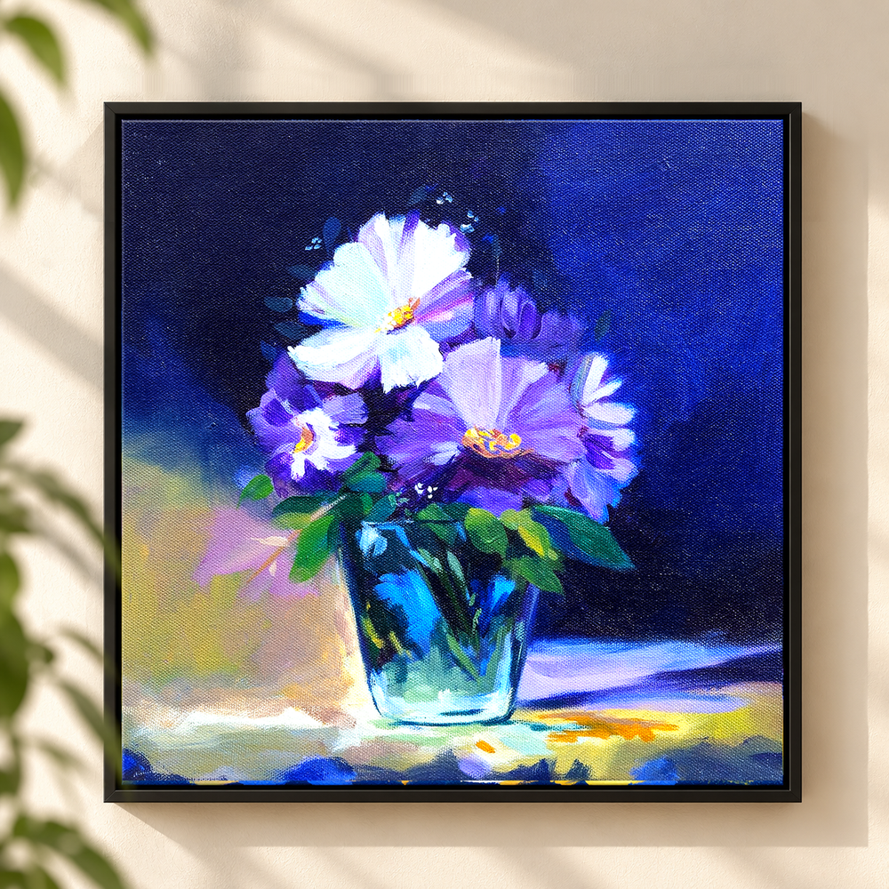 Midnight Petals | Purple Flowers in Glass Vase Painting by Sajaao