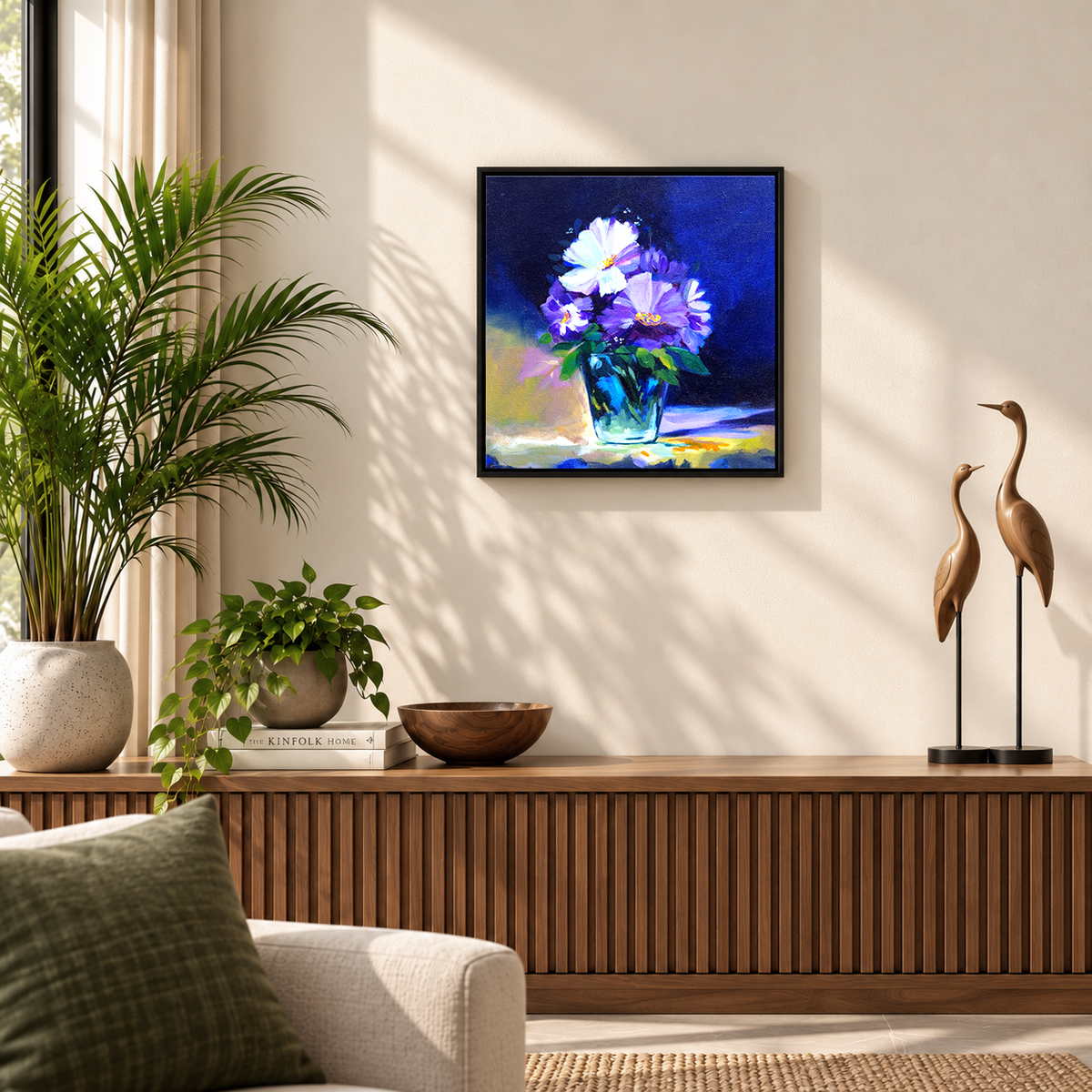 Midnight Petals | Purple Flowers in Glass Vase Painting by Sajaao