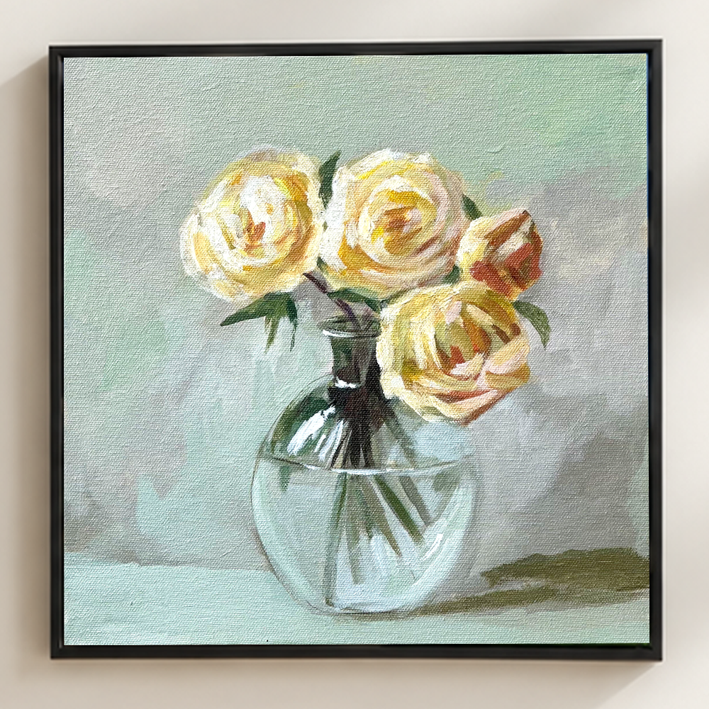 Quiet Roses | Yellow & White Rose Still Life Painting | Original Handmade Painting