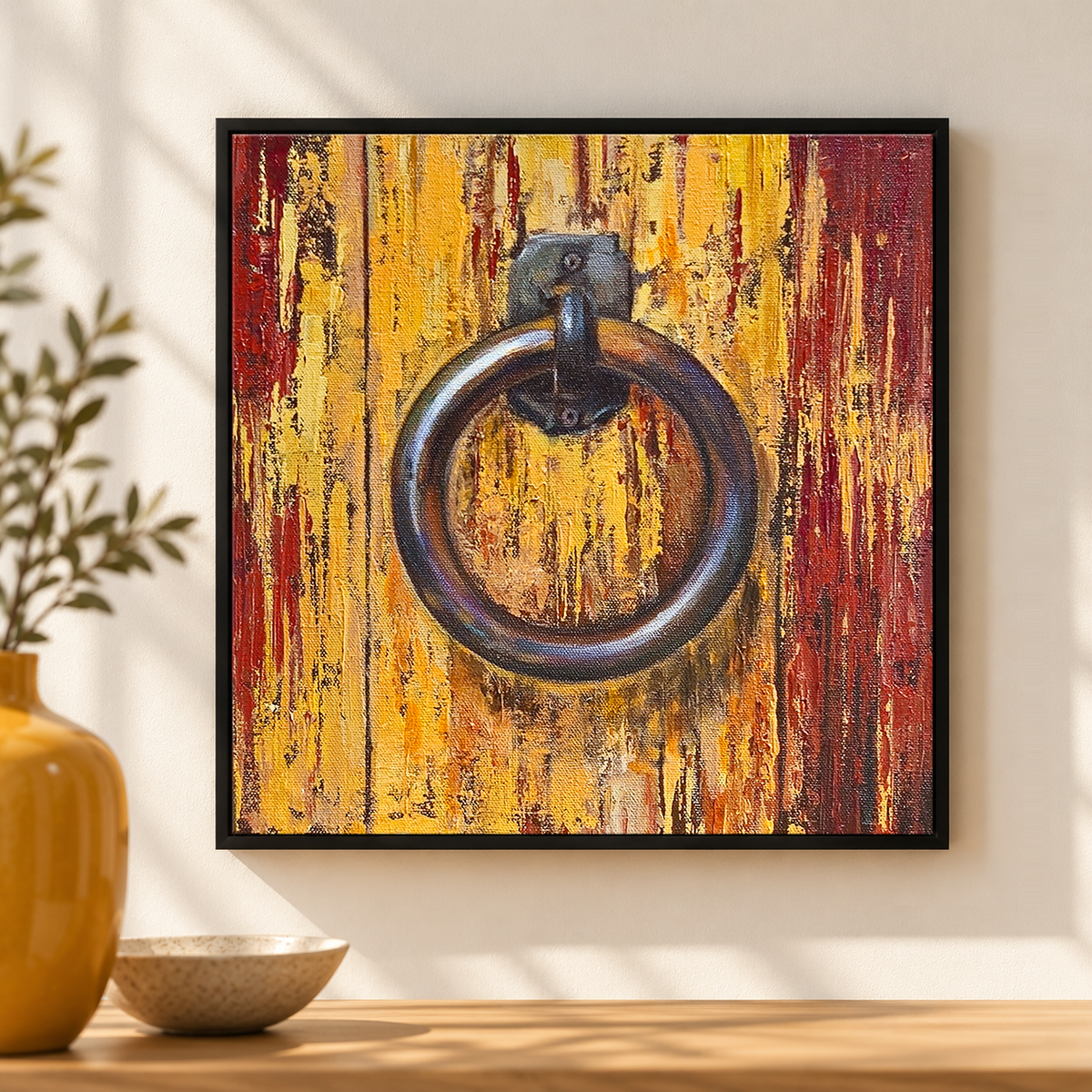 Iron Ring on Crimson Wood | Still-Life Painting, Door Knocker Painting by Sajaao