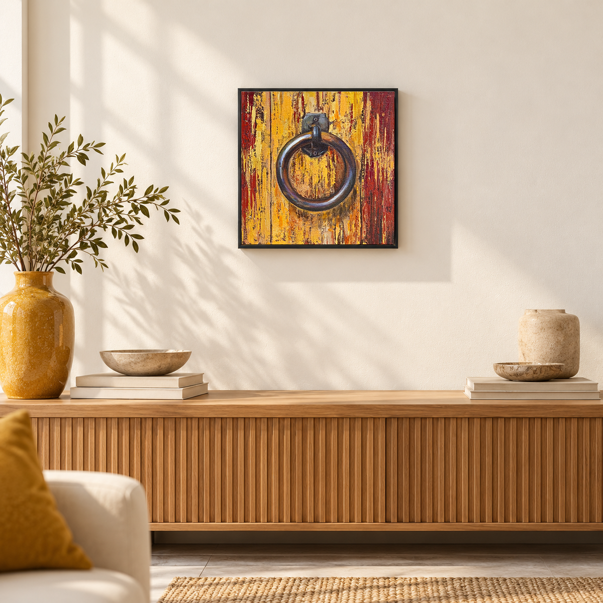 Iron Ring on Crimson Wood | Still-Life Painting, Door Knocker Painting by Sajaao
