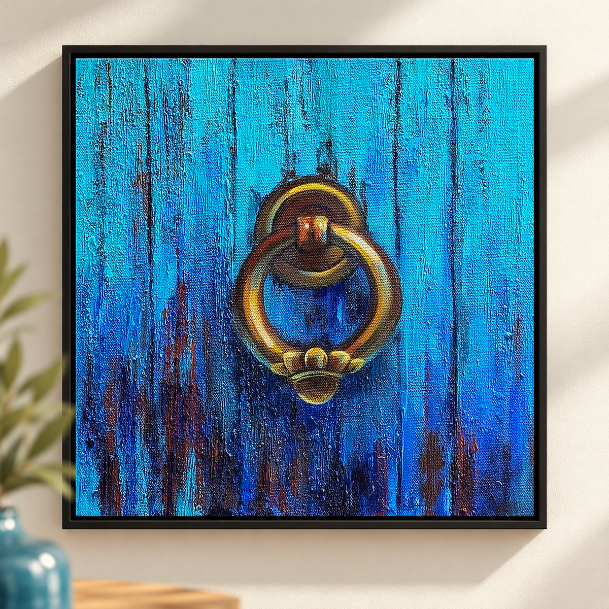 Knocker on Turquoise | Blue Door Still Life Painting by Sajaao