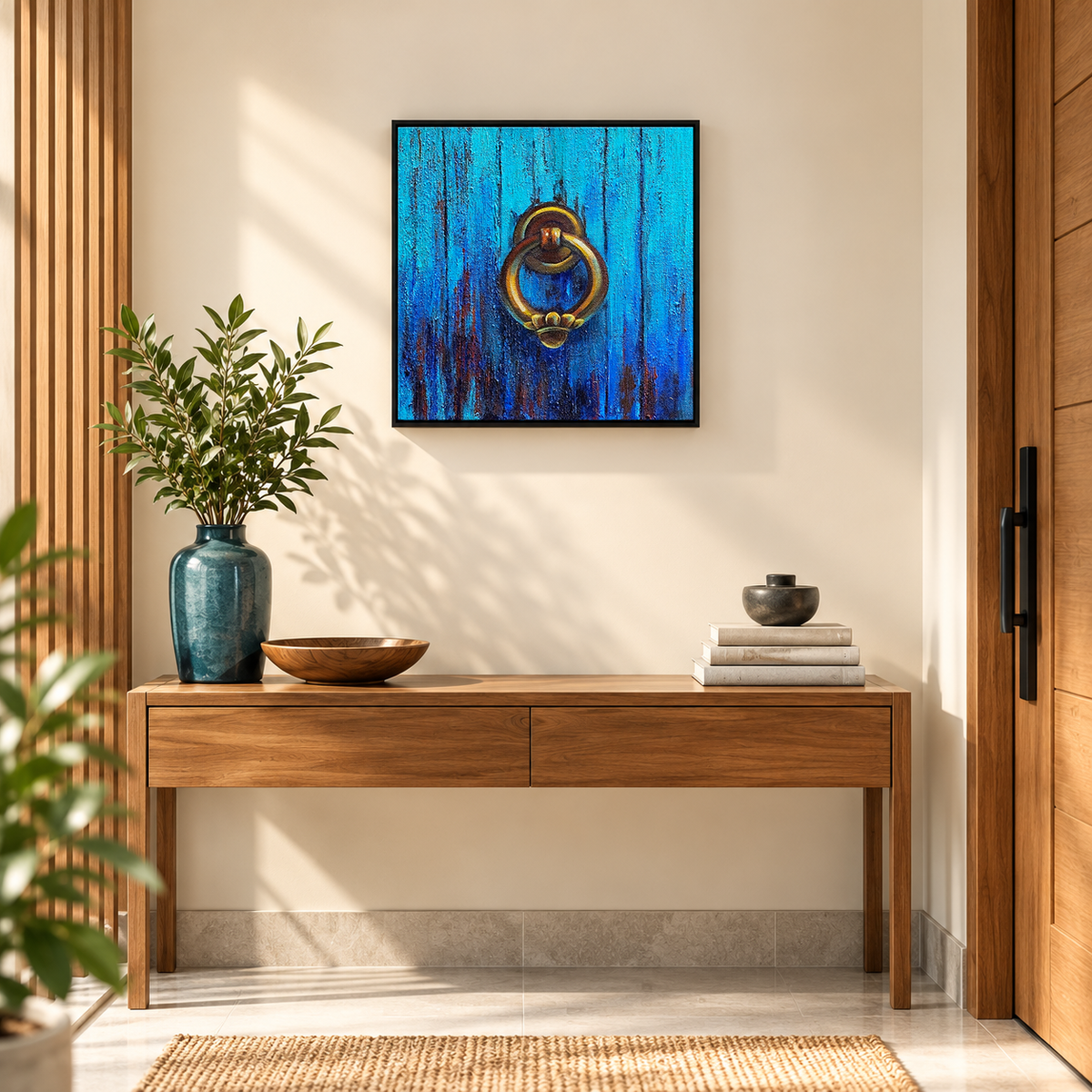 Knocker on Turquoise | Blue Door Still Life Painting by Sajaao