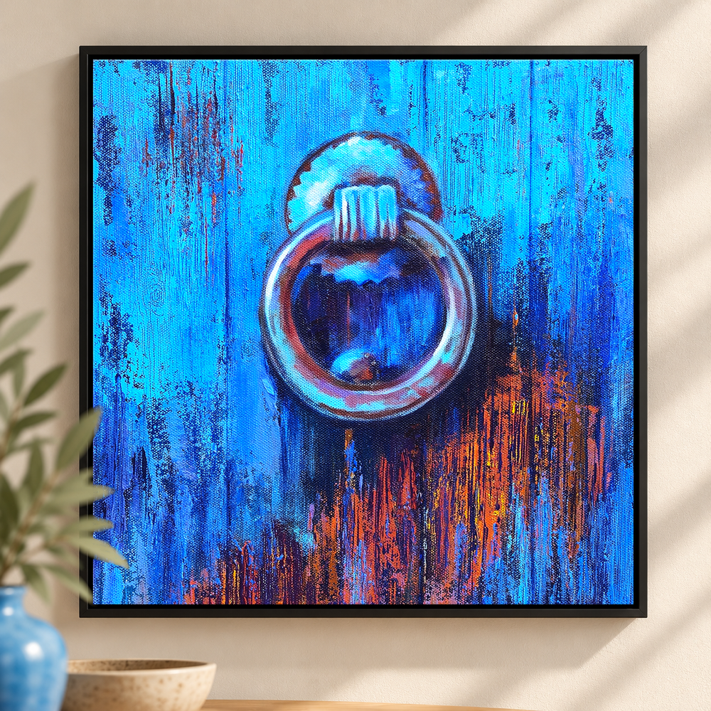 Ring on Indigo | Rustic Blue Still-Life Painting, Door Knocker Painting by Sajaao