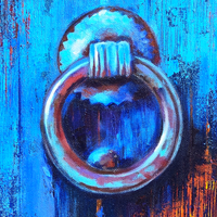 Ring on Indigo | Rustic Blue Still-Life Painting, Door Knocker Painting by Sajaao - Image 4