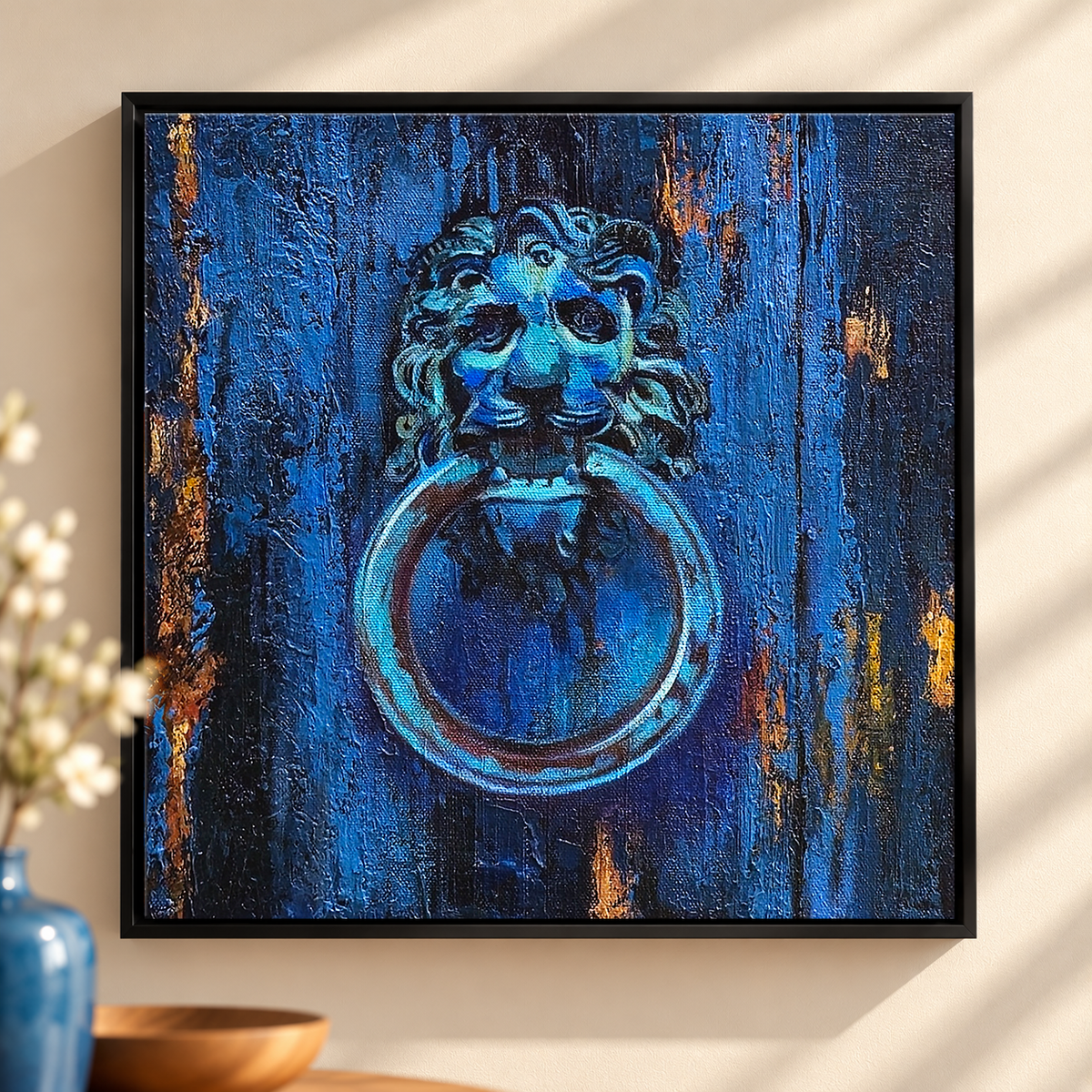 Lion's Gate at Midnight | Blue Still-Life Painting, Door Knocker Painting by Sajaao