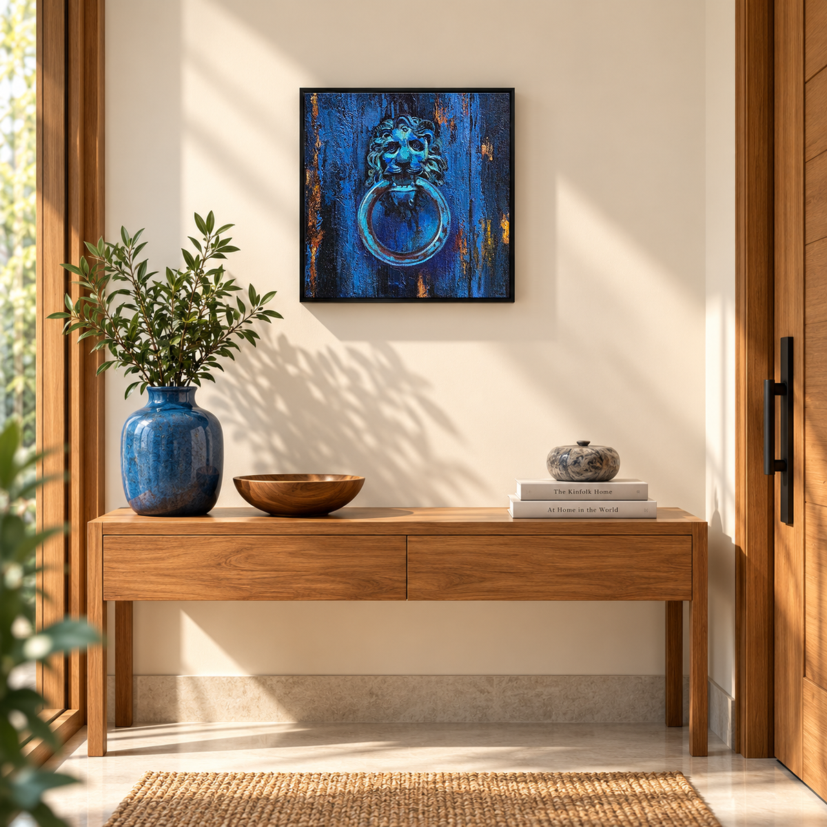 Lion's Gate at Midnight | Blue Still-Life Painting, Door Knocker Painting by Sajaao