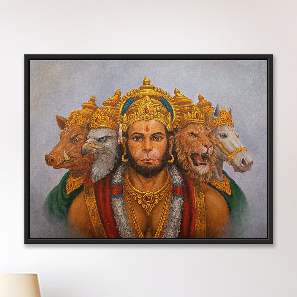 Devotional painting of Hanuman depicted in his five-faced Panchamukhi form, 24" x 18" original painting, hand-painted