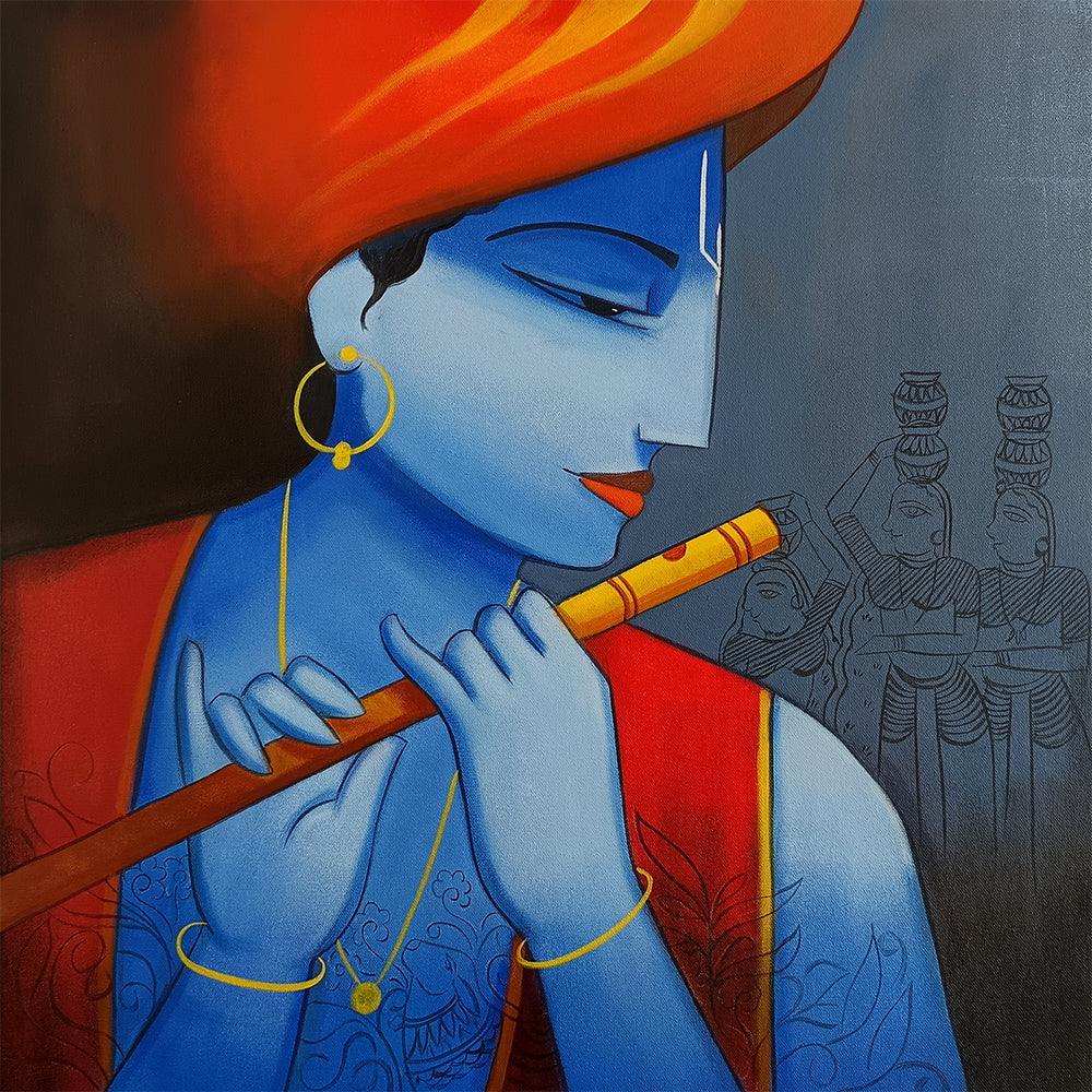 Serene Lord Krishna Playing Flute | Indian Traditional Art Handmade Painting