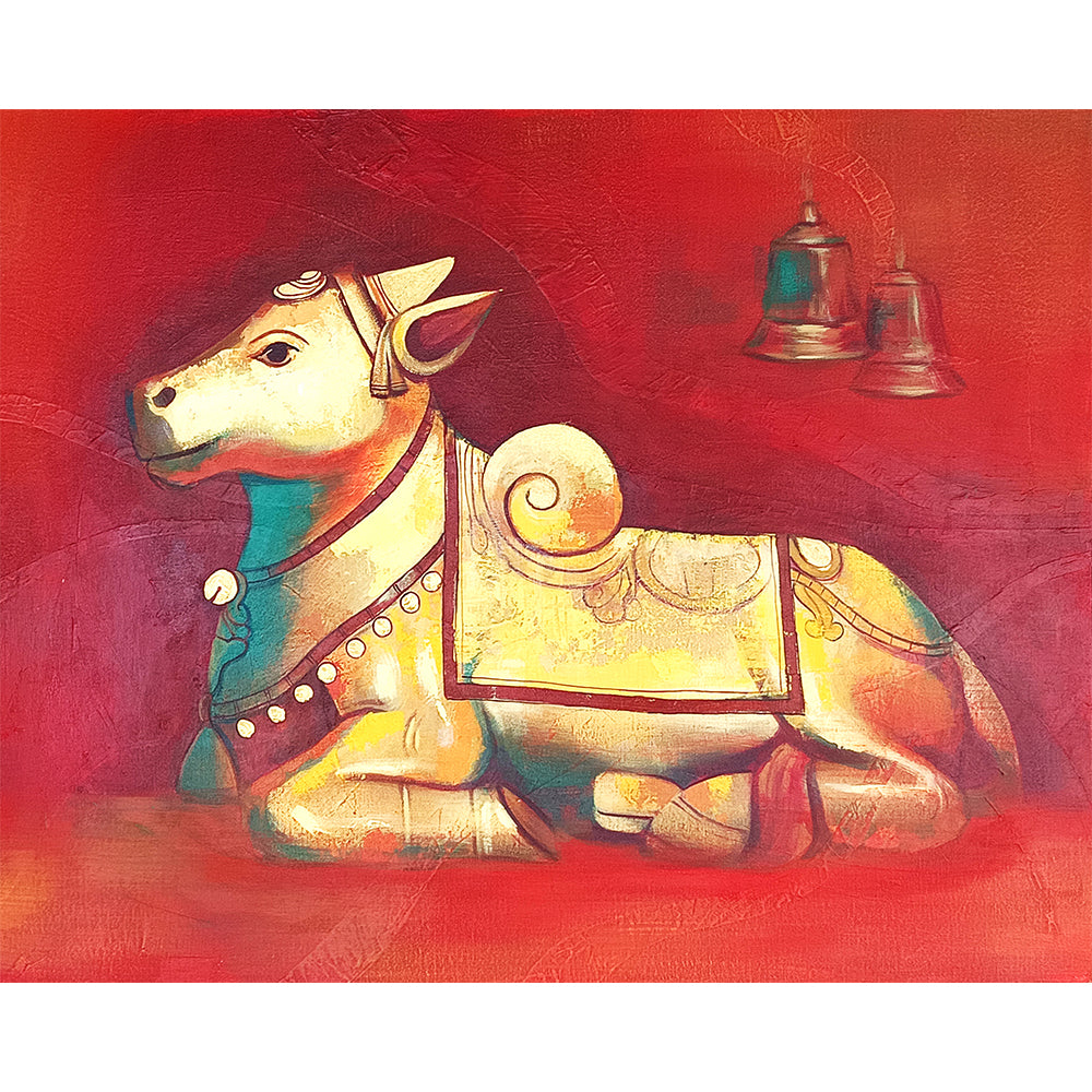 Kailash Vahana Painting | Mystical Nandi Canvas for Spiritual Interiors | Original Painting for Temple