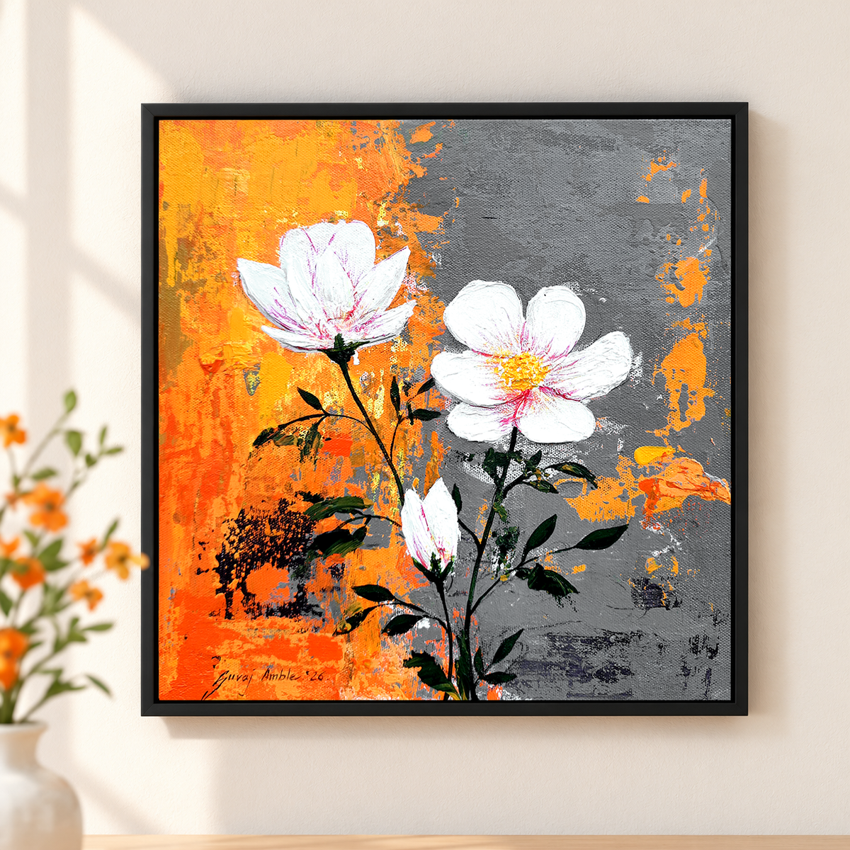 White Blossom I | Floral Original Painting by Guraj Amble