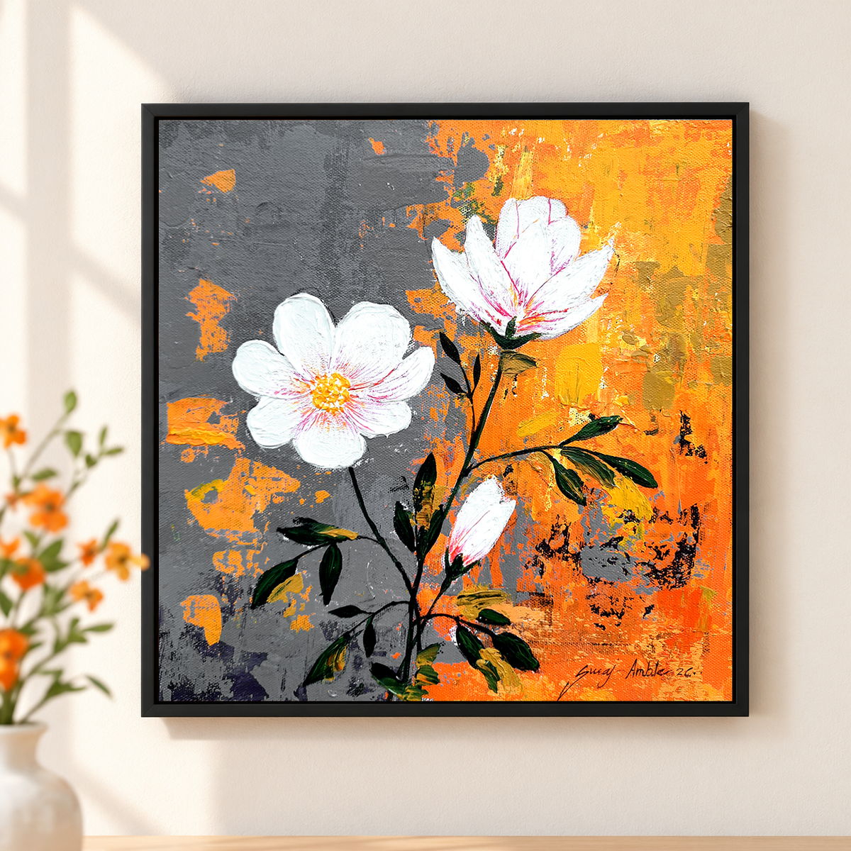 White Blossom II | Floral Original Painting by Guraj Amble