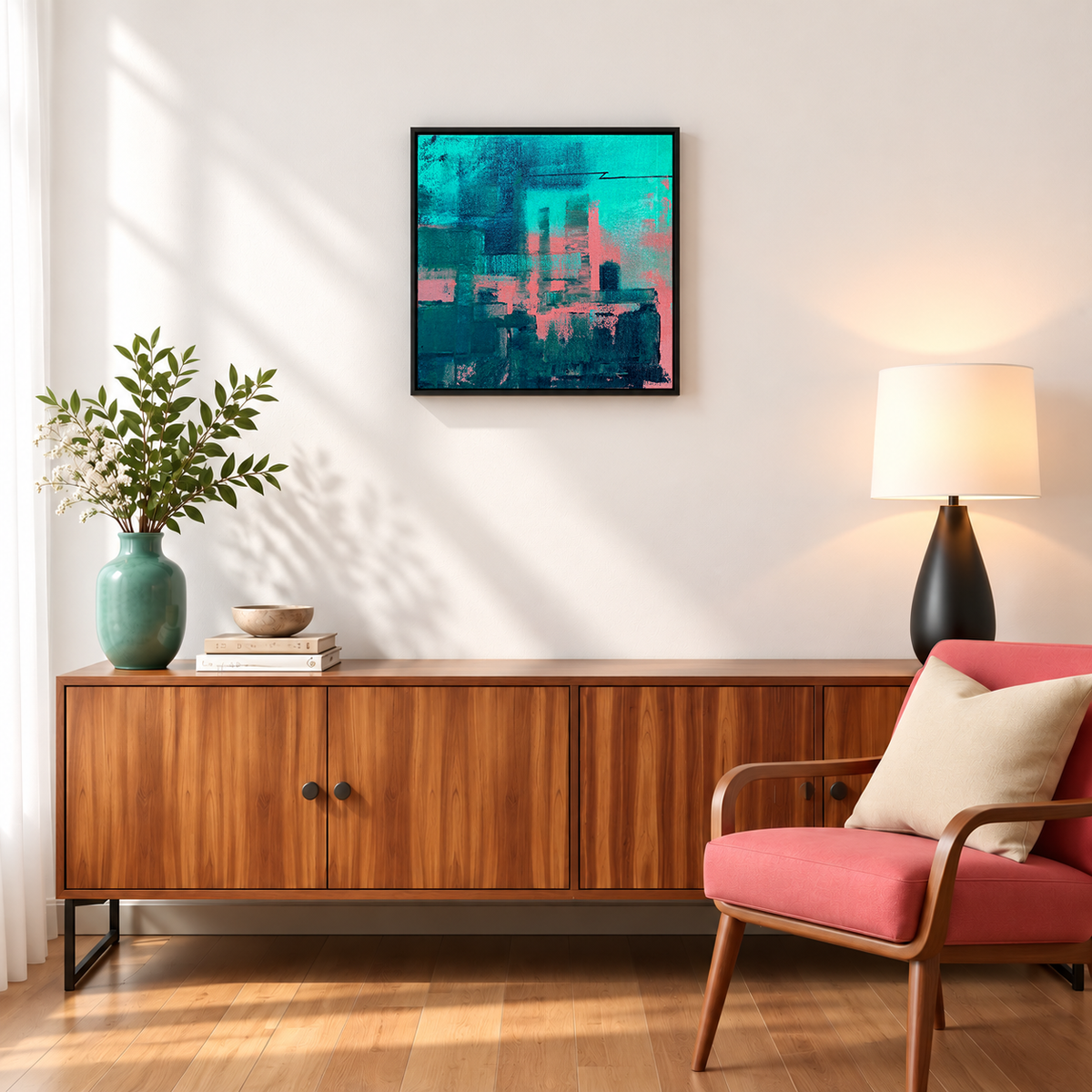 Coral Skyline I | Abstract Cityscape Original Acrylic Painting