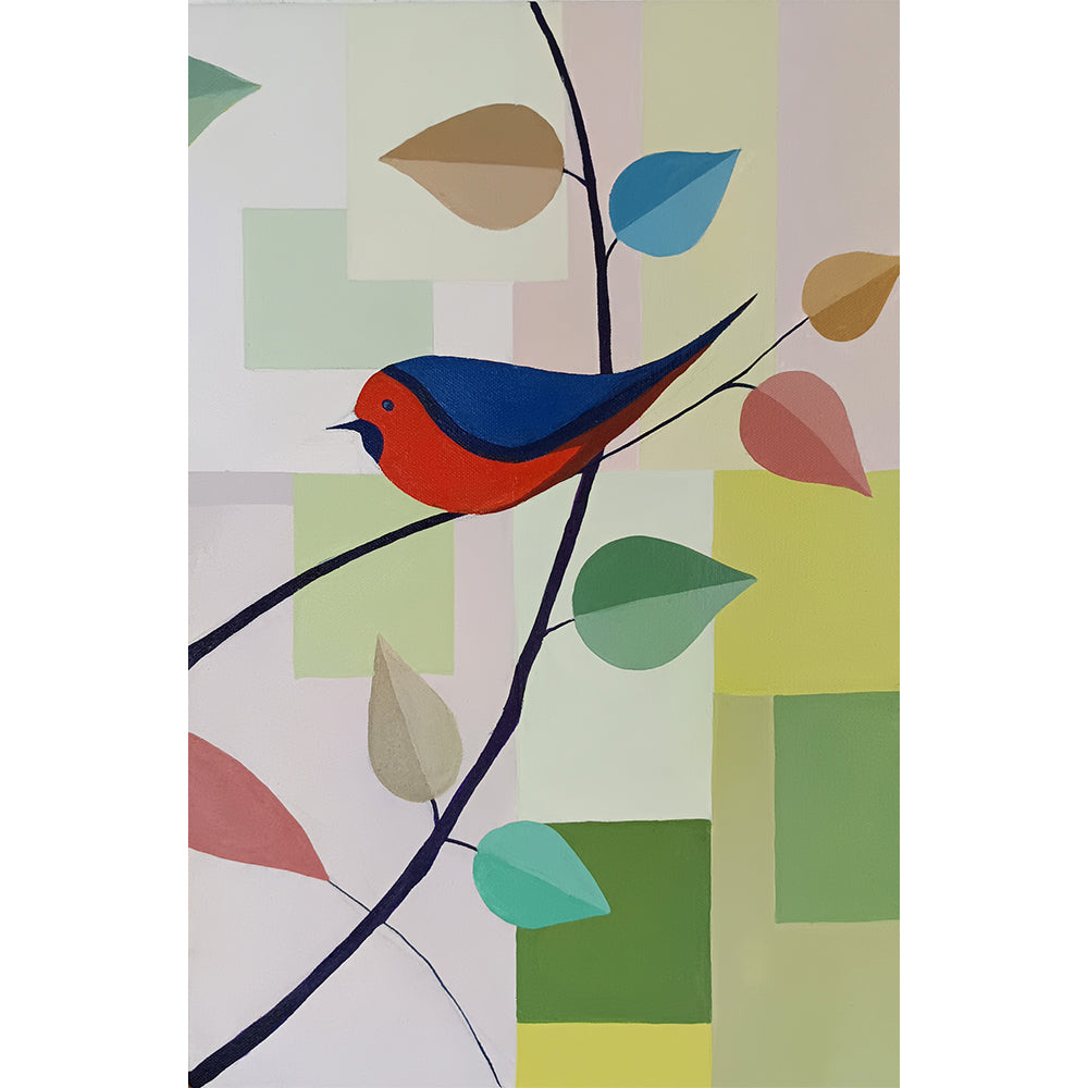 Red Bird’s Leaf Song Art | Crimson Bird & Leaf Melody | Handmade Canvas Art