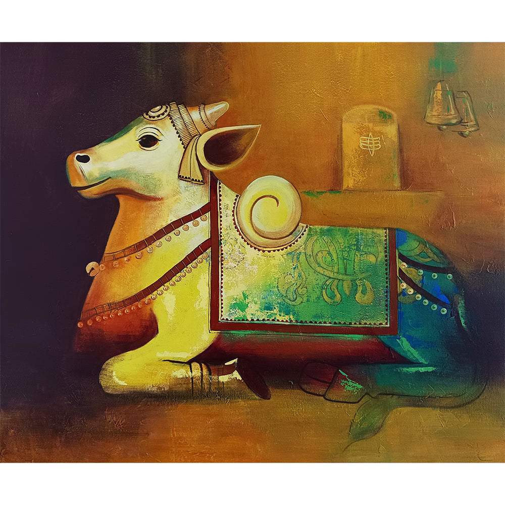 Tapasvi Nandi Painting | Nandi Art for Calm, Devotional Living Spaces | Handmade painting for Temple