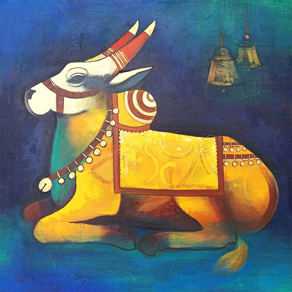 Omkara Carrier Painting | Traditional Nandi Canvas Embodying Shiva's Essence | Original Painting for Temple