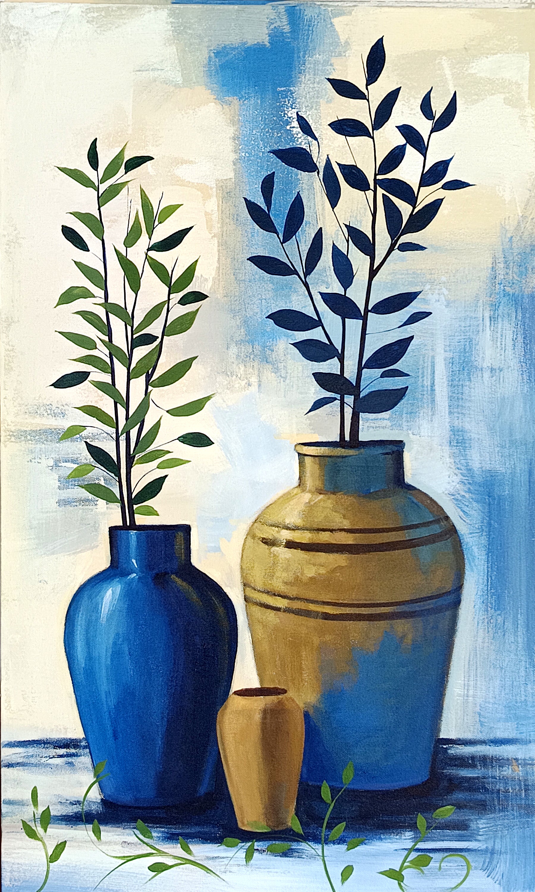 Blooming Pot Paintings | Vibrant Flower Pot And Leaves Paintings on Canvas